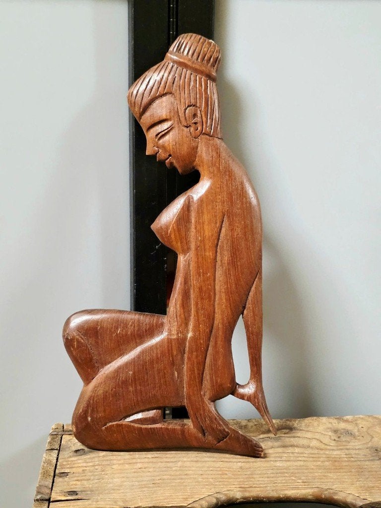 Vintage Balinese Art Deco Wood Carving – Mid-Century Statue, Gebruikt, 33 cm, Hout, 16 cm