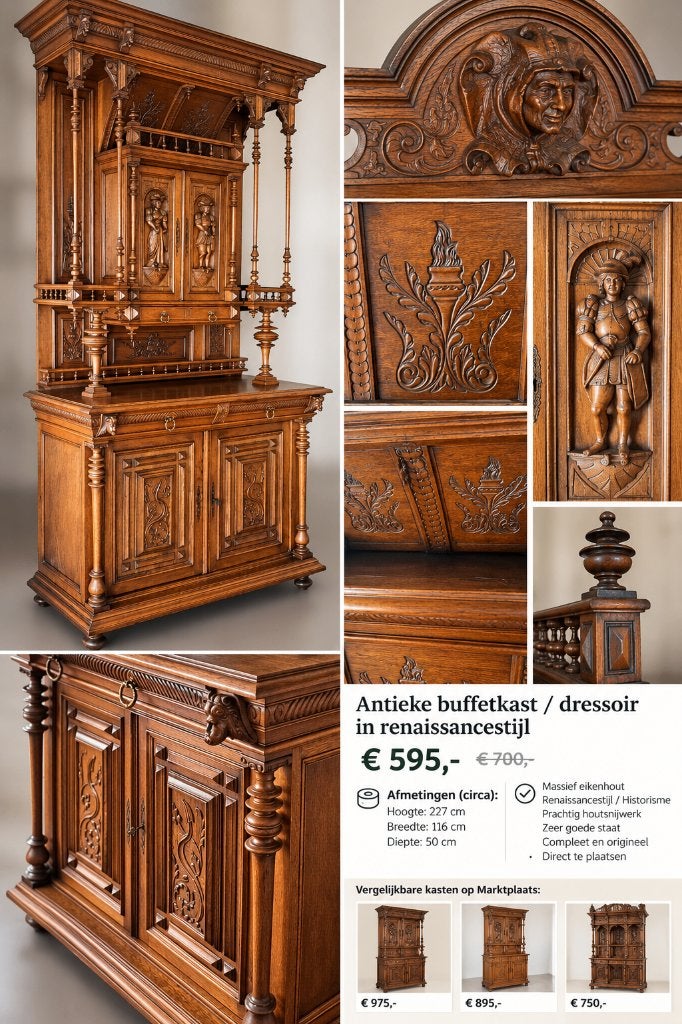 Prachtige rijk gesneden eiken buffetkast / neorenaissance, Gebruikt, 100 tot 150 cm, 200 cm of meer, Met lade(s)