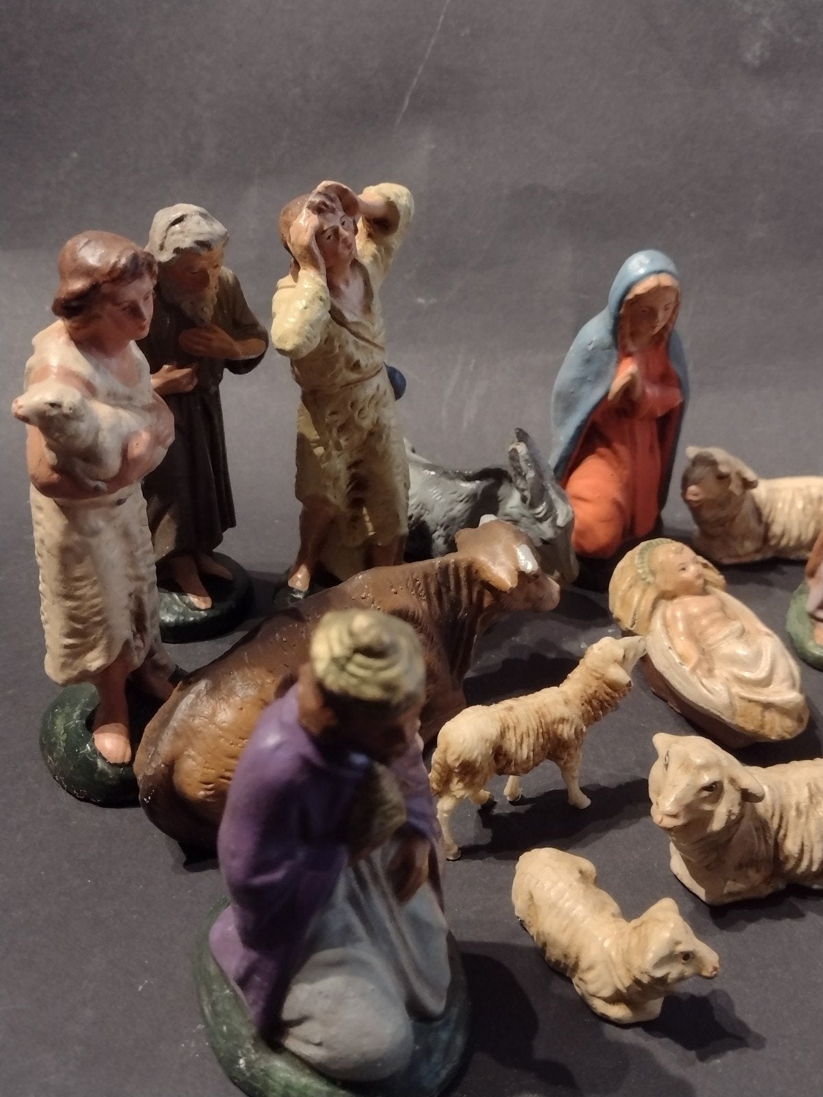 antieke Marolin kerstgroep papiermache 19 delig kerststal, Ophalen, Gebruikt