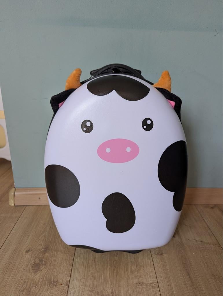 Costway Kinderkoffer 16" met Lichtgevende Wielen - Koe, Wieltjes, 20 tot 30 cm, Wit, Minder dan 40 cm