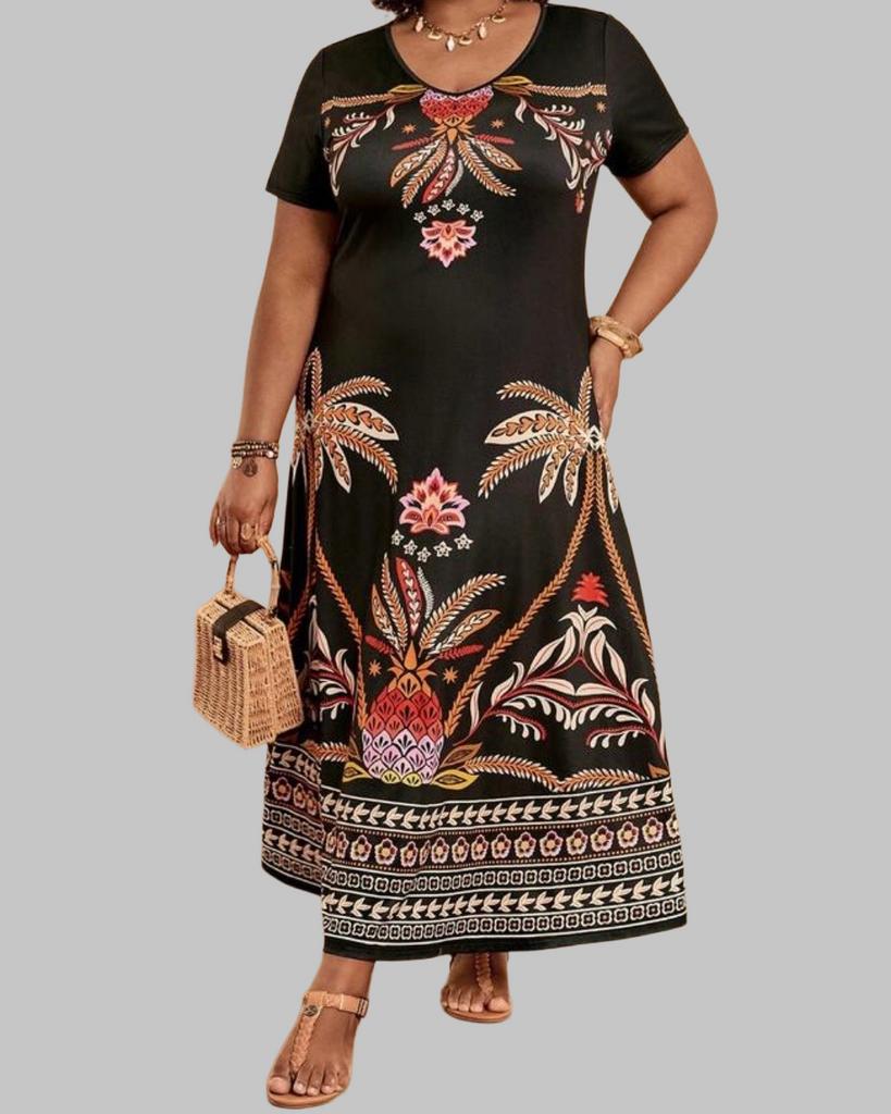 Zwarte maxi jurk met kleurrijke print (46-54), Kleding | Dames, Grote Maten, Nieuw, Jurk, Zwart, Verzenden
