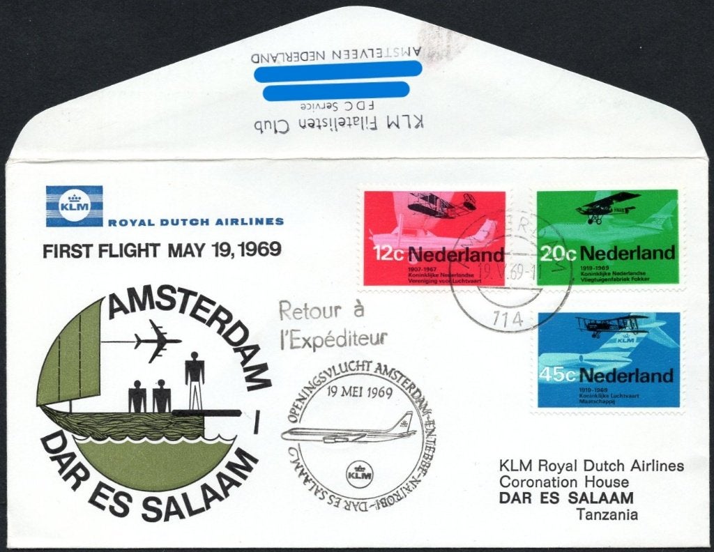 1e KLM vlucht Dar Es Salaam Tanzania 1969, Verzenden, Envelop