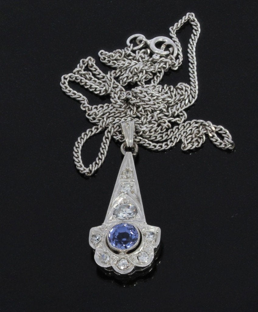 Tanzaniet diamant art deco 14k gouden hanger en ketting dame, Ophalen of Verzenden, Goud, Ketting, Met edelsteen