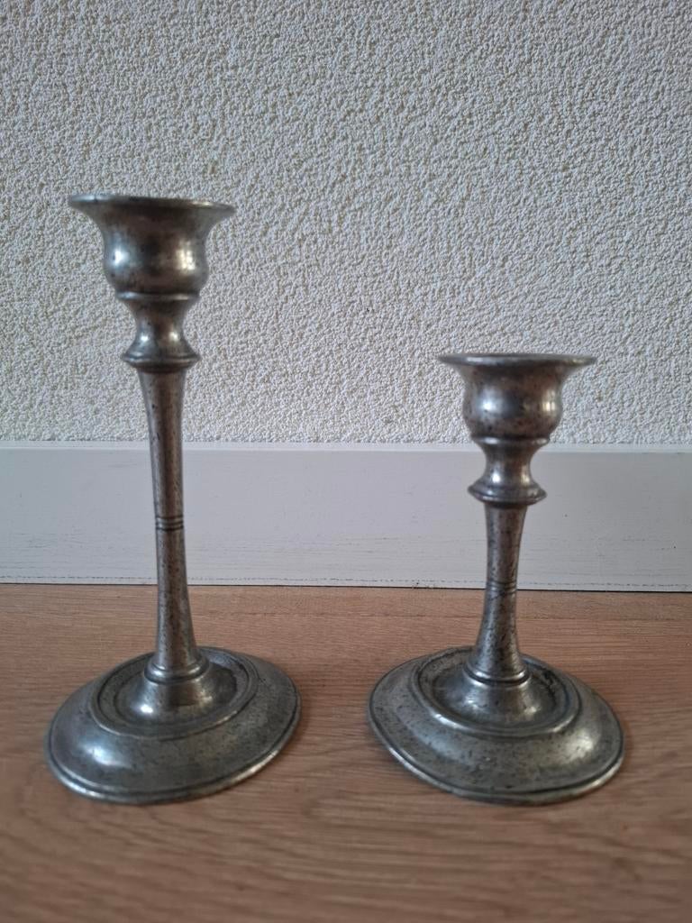 2x Marinoni tinnen kandelaar 12 /16 cm, Antiek en Kunst, Ophalen of Verzenden
