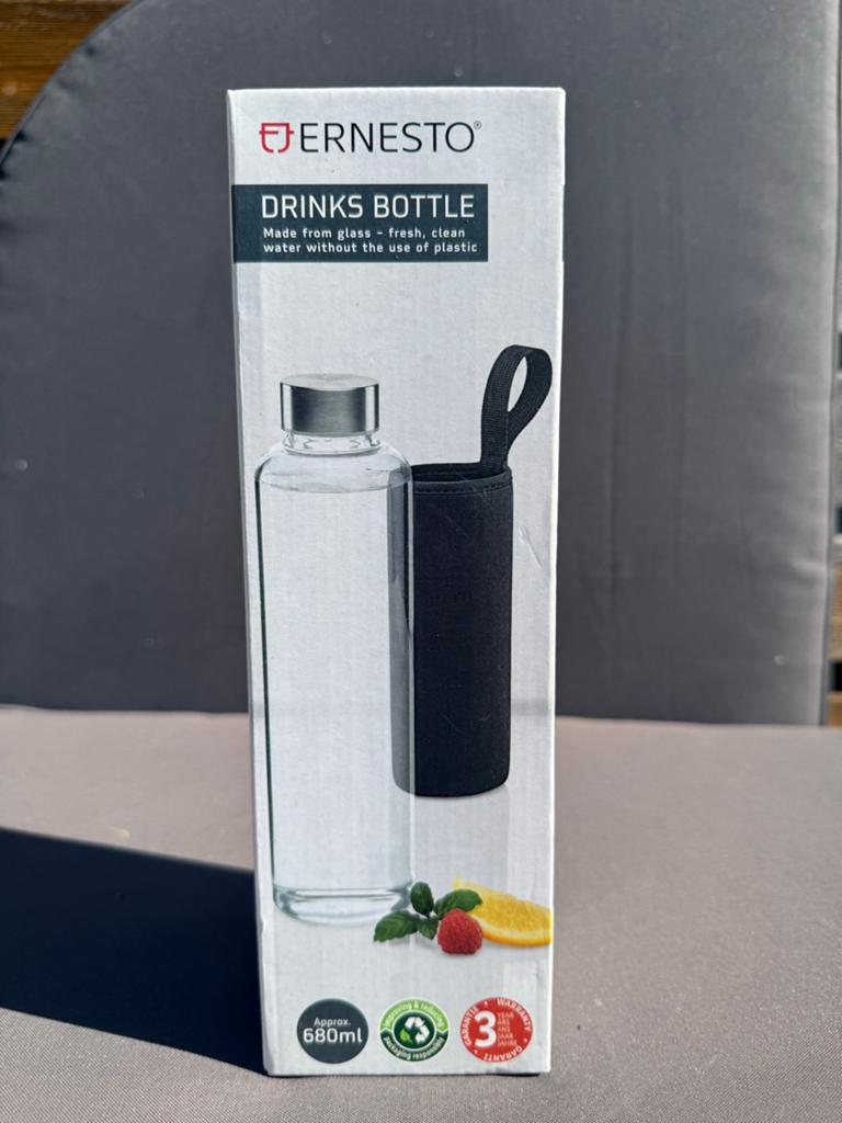 Nieuwe Glazen Waterfles - Ernesto Drinks Bottle 680ml, Ernesto, Nieuw, Ophalen of Verzenden, Meerkleurig