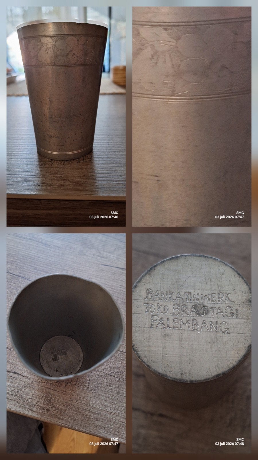 Vintage tinnen beker – Banka Tinwerk Palembang – 10 cm – 210, Ophalen of Verzenden