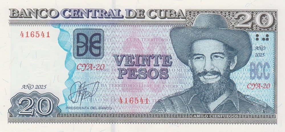 Cuba bankbiljet 20 Pesos Portret C. Cienfuegos 2025 UNC, Ophalen of Verzenden, Midden-Amerika, Los biljet