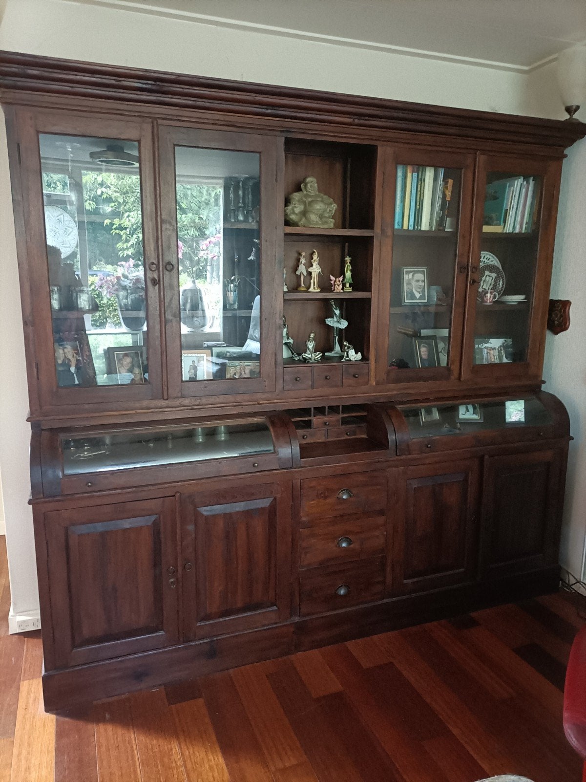 Indonesische houten winkelkast, Ophalen, Gebruikt, 200 cm of meer, Glas