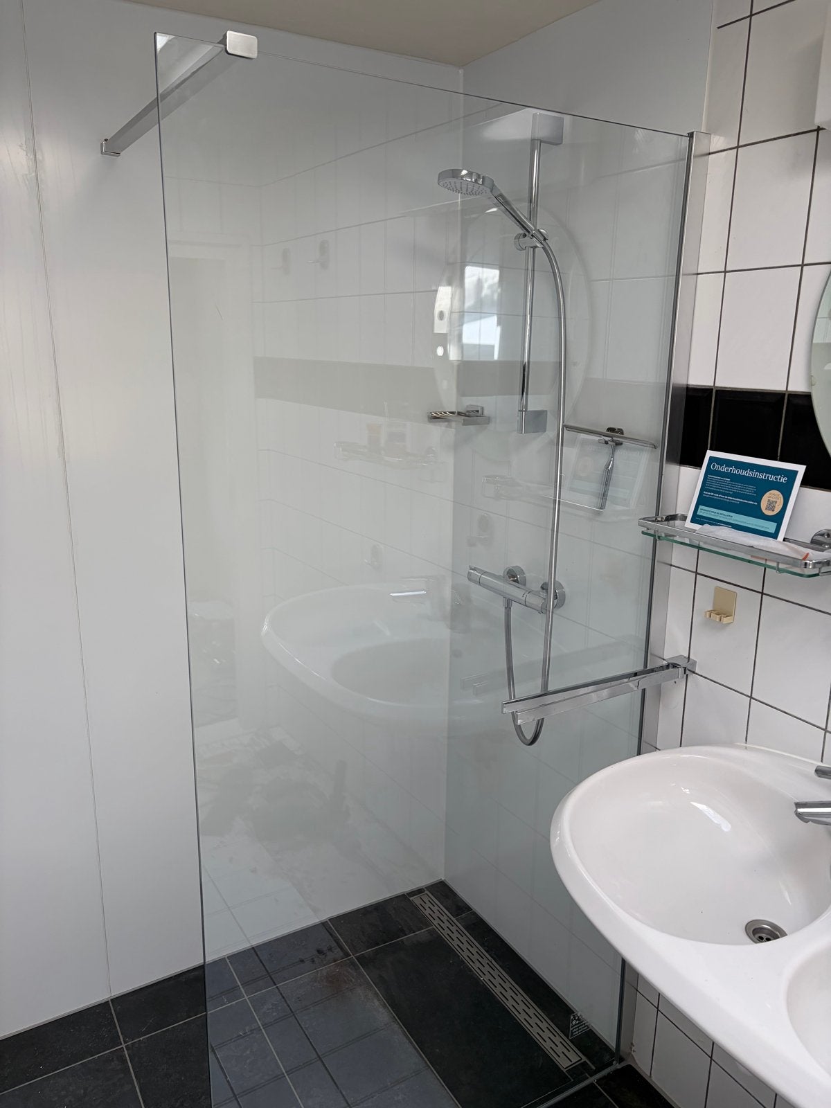 Douchewand 198x96,5-99cm, 8mm helder glas, RVS profielen, Ophalen, Gebruikt, Met douche