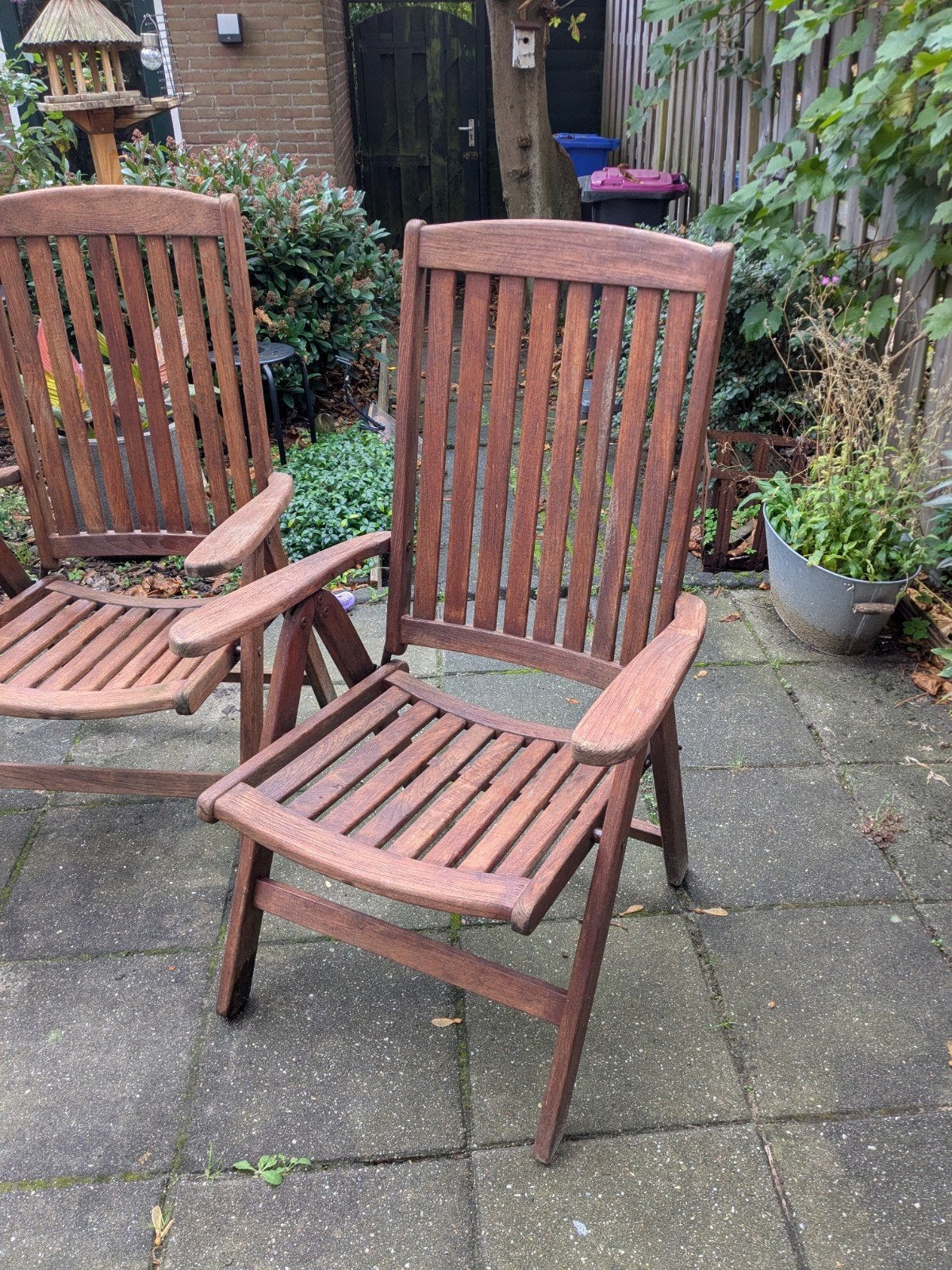 4 houten tuinstoelen, verstelbaar en inklapbaar, Tuin en Terras, Ophalen, Gebruikt, Teakhout, Inklapbaar