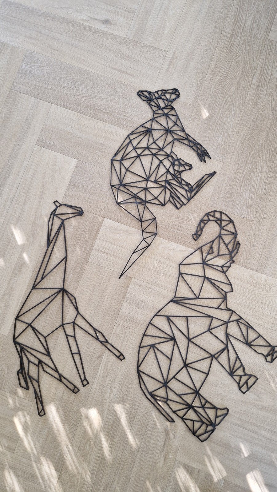 Wanddecoratie set: Giraffe, Kangoeroe, Olifant (geometrisch), Ophalen, Metaal, Wandsculptuur, Zwart