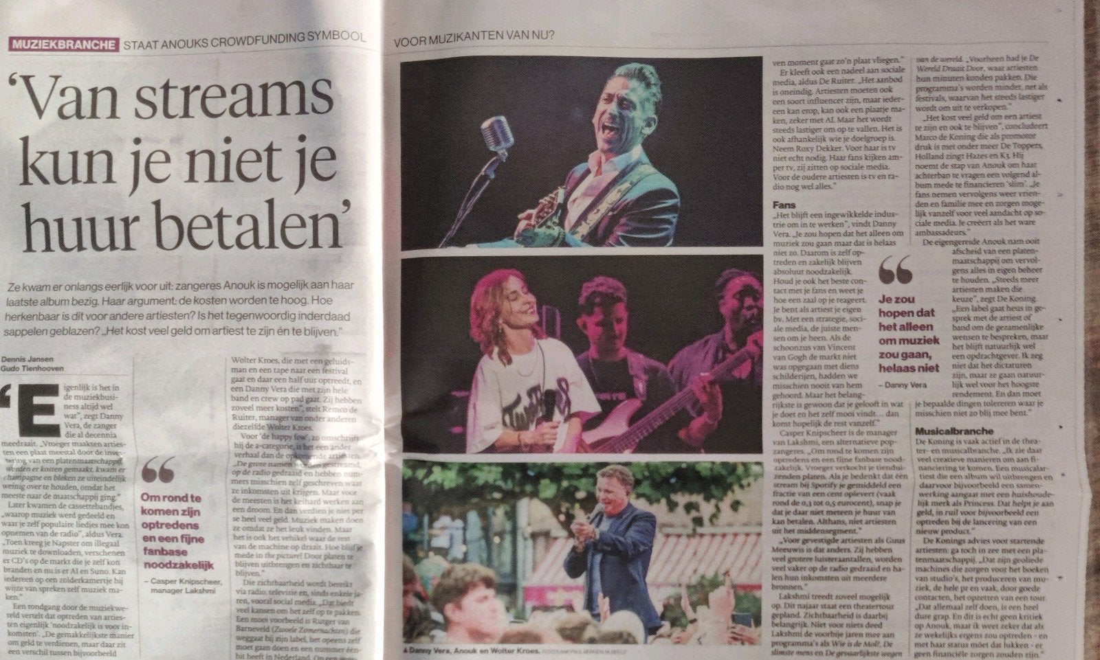 Anouk, Danny Vera, Wolter Kroes krantenartikel, Ophalen of Verzenden