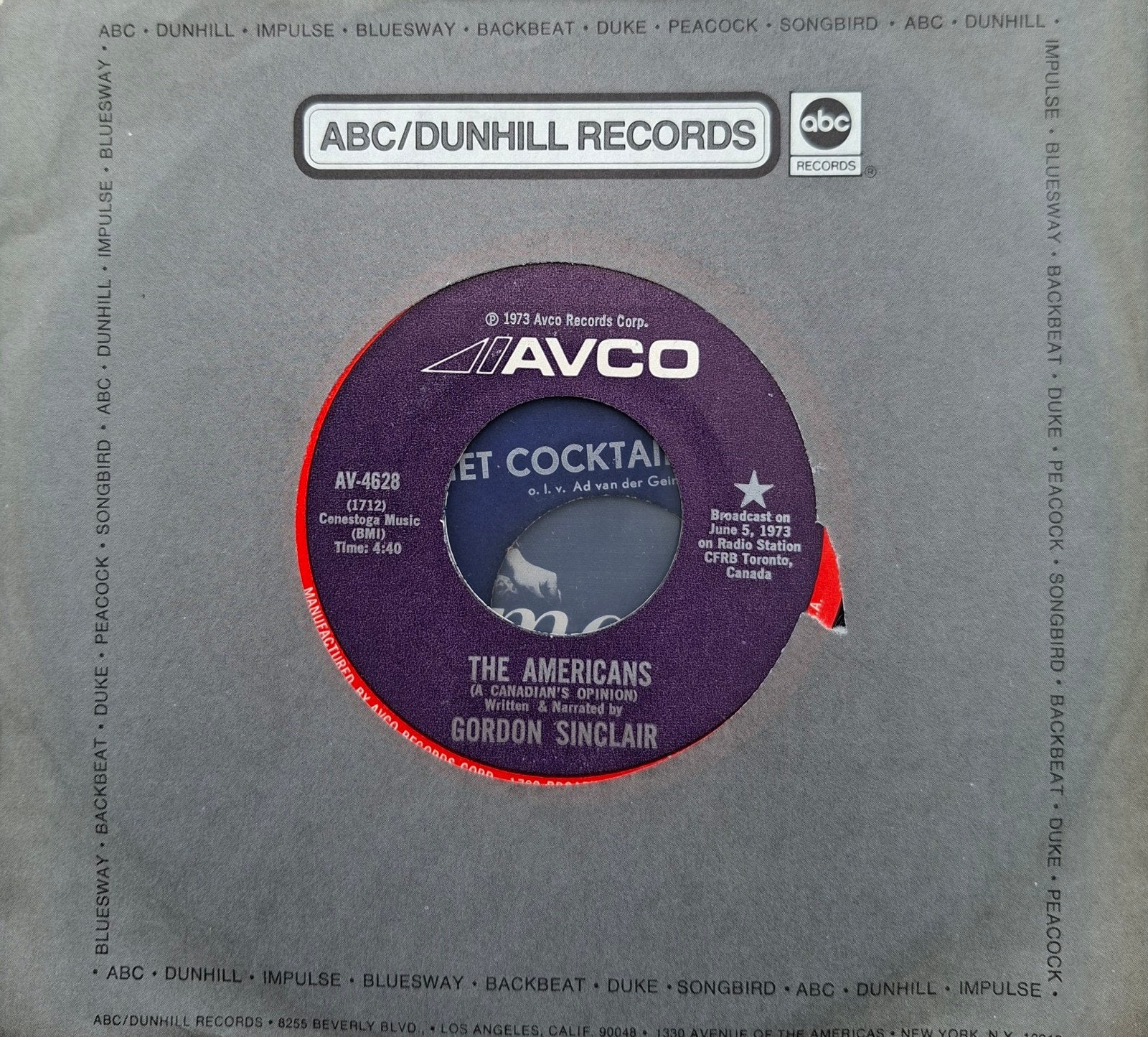 Gordon Sinclair - The Americans (1973), 7 inch, Ophalen of Verzenden, Zo goed als nieuw, Pop