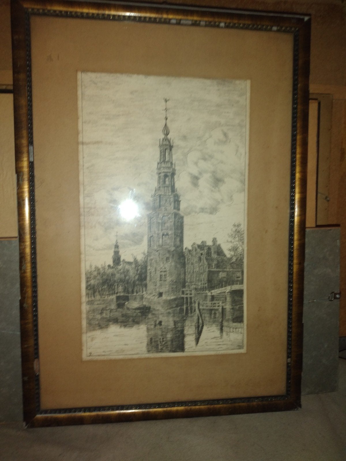 Antieke Ets van de Montelbaanstoren, Amsterdam, Ophalen, Ets, Stadsgezicht, Gesigneerd