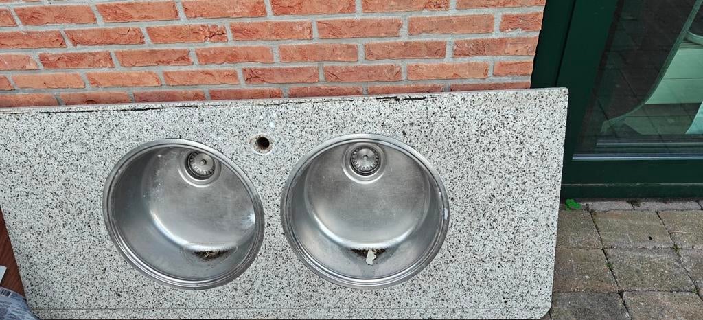 Granieten aanrechtblad met dubbele spoelbak, Ophalen of Verzenden, Steen/keramiek, Grijs, Overige typen