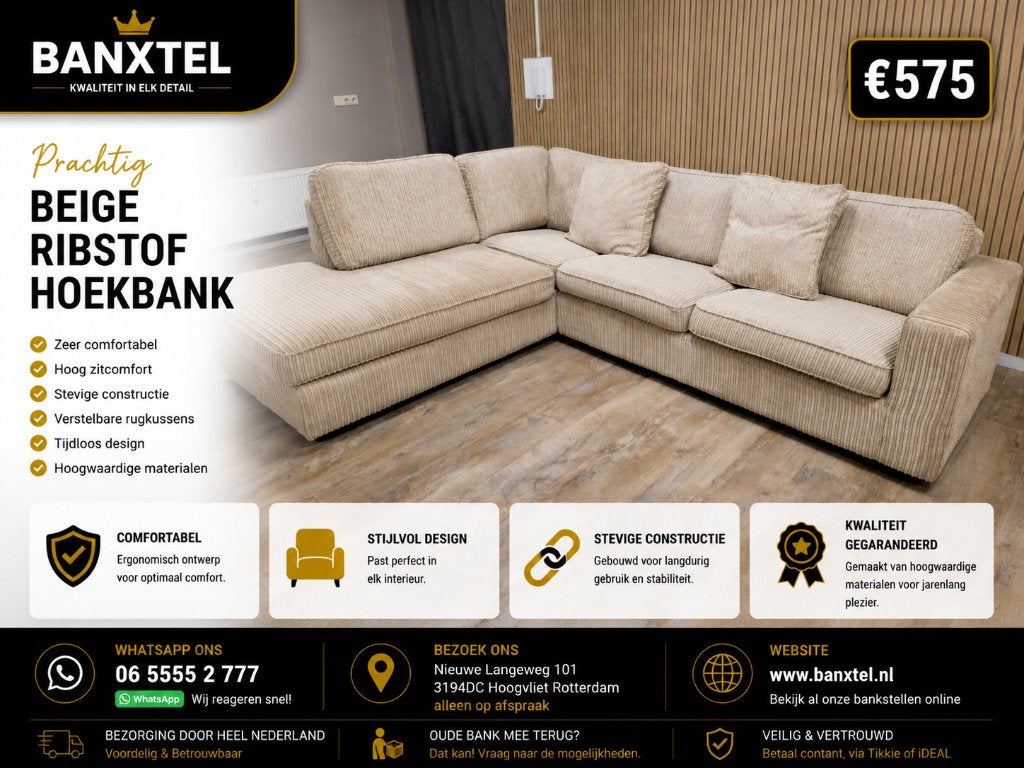 PRACHTIG BEIGE RIBSTOF Hoekbank - topstaat !!!