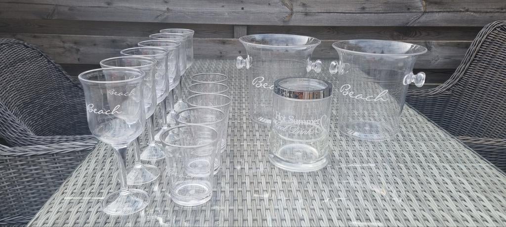 Riviera maison plastic glazen en koelers 'Beach' 5e.p.st, Kunststof, Ophalen of Verzenden, Overige merken, Overige typen