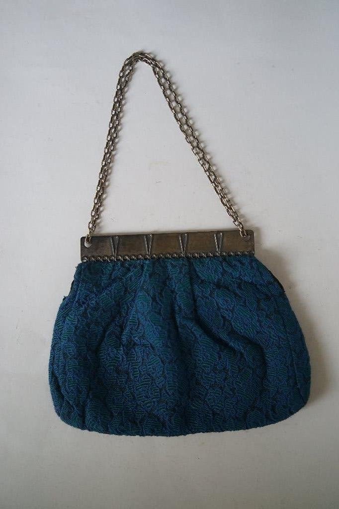 vintage handgemaakte tas blauw stof metaal ketting gevoerd, Ophalen of Verzenden, Zo goed als nieuw, Blauw, Handtas