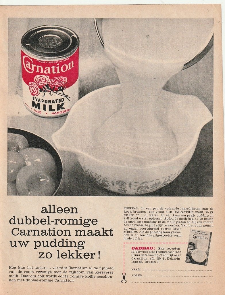 Retro reclame 1961 Carnation pudding zuivel dubbel romig, Verzenden, Overige typen