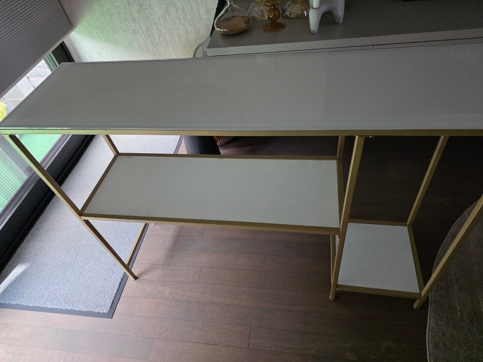 Gouden console tafel met wit blad en bijzettafel, Huis en Inrichting, Ophalen, Zo goed als nieuw, Rond, Metaal of Aluminium