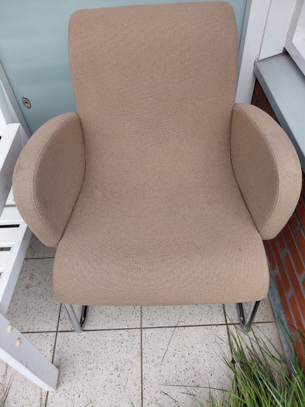 LENSVELT fauteuil - beige stof met chromen onderstel, Gebruikt, Overige kleuren, Ophalen of Verzenden, Metaal