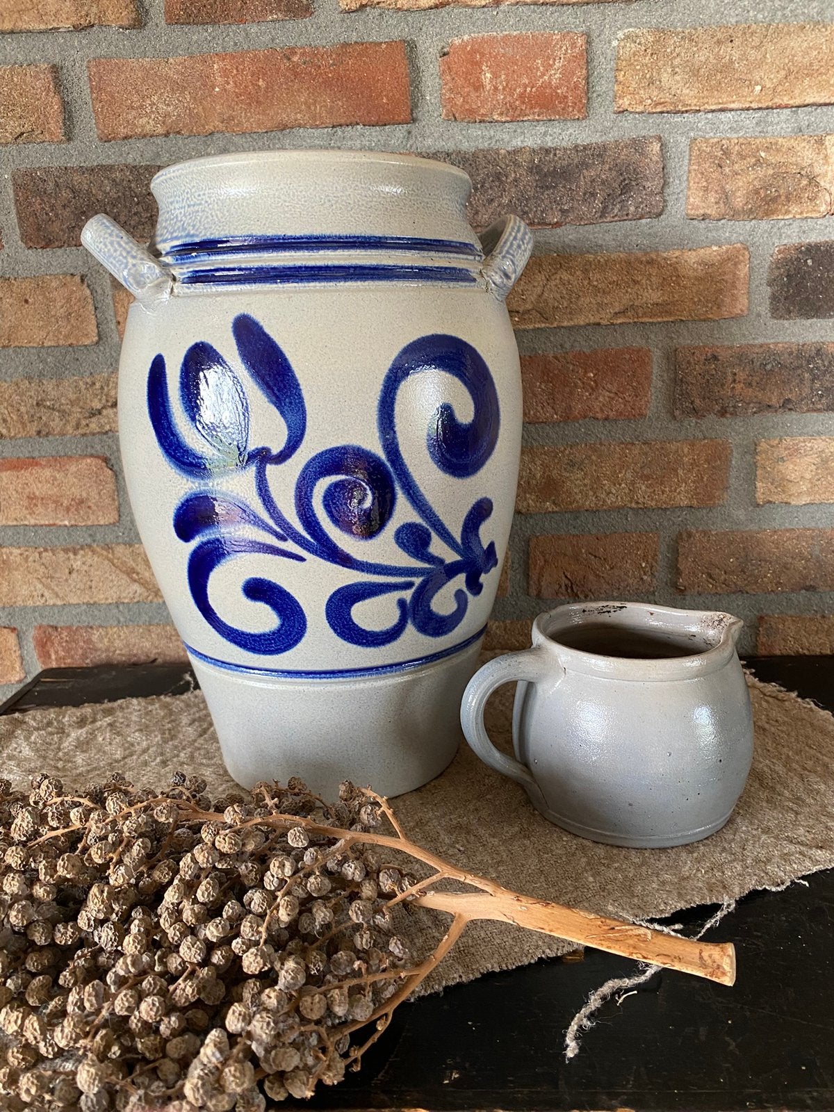 Brocante oude hoge steengoed pot, 30,5 cm, Ophalen of Verzenden