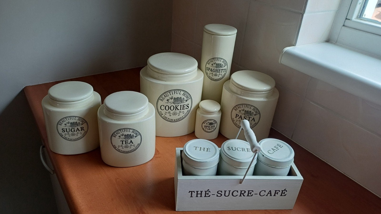 Vintage voorraadpotten set Thee, Koffie, Suiker, Pasta, Koe, Gebruikt, Voorraadpot, Steen/keramiek, Overige merken