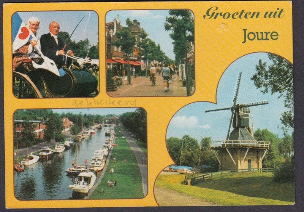 Joure 4 luik Molen Boten Fietsers Gelopen, Ophalen of Verzenden, 1980 tot heden, Gelopen, Friesland