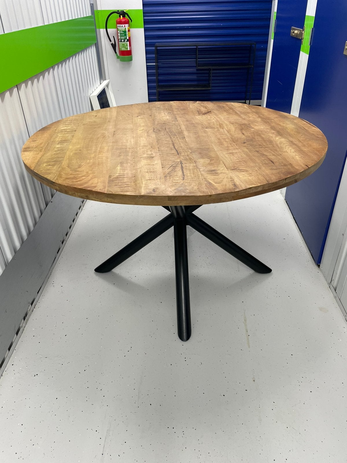 Ronde eettafel mangohout industrieel 130 cm, Ophalen, 100 tot 150 cm, Rond, Zo goed als nieuw