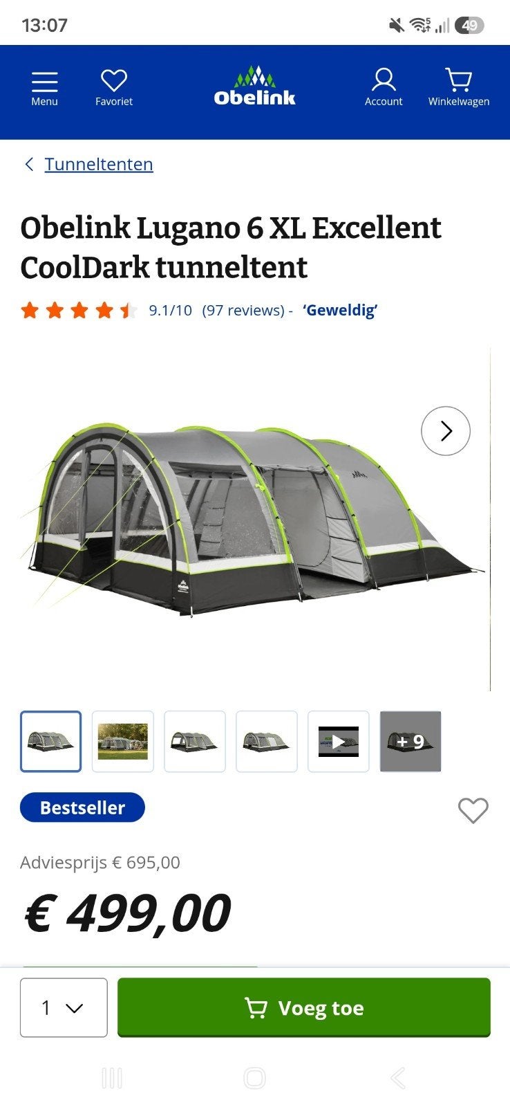 Obelink Lugano 6 XL Excellent CoolDark tunneltent met luifel, Caravans en Kamperen, Ophalen, Zo goed als nieuw, Tot en met 6
