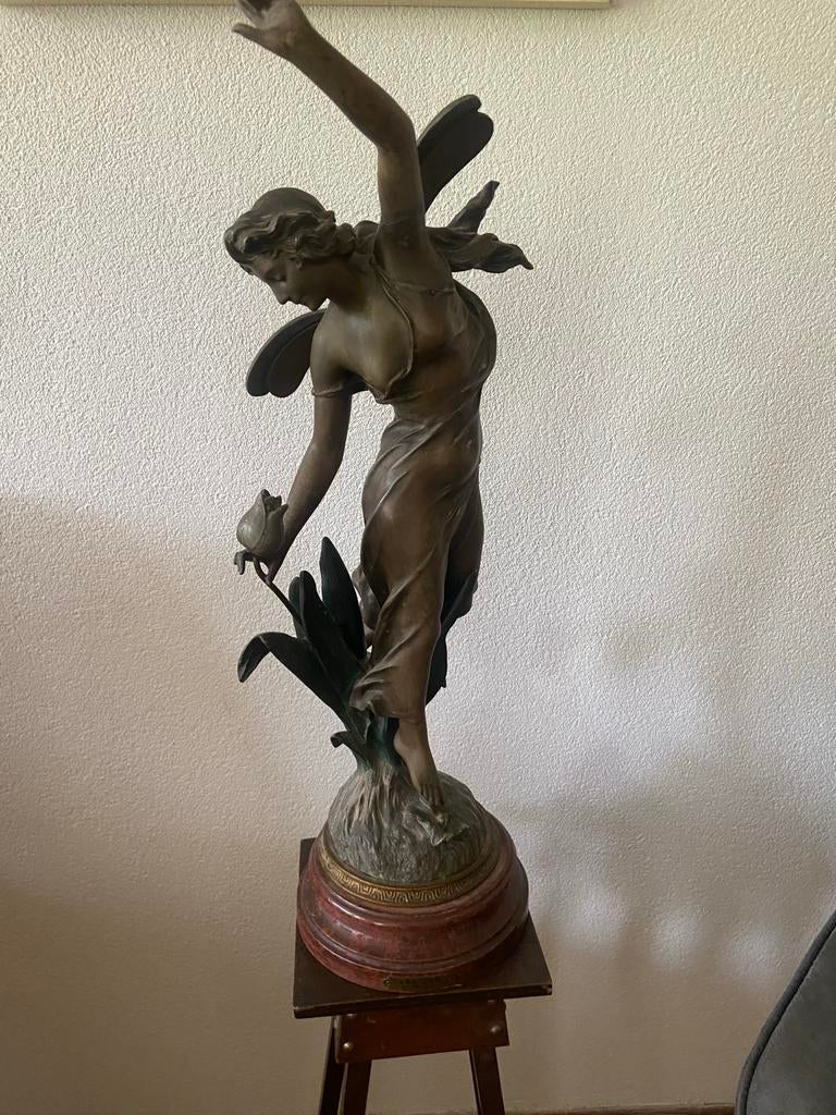 Bronzen Beeld: Vrouw met Vlinder en Bloem - Art Nouveau Stij, Ophalen