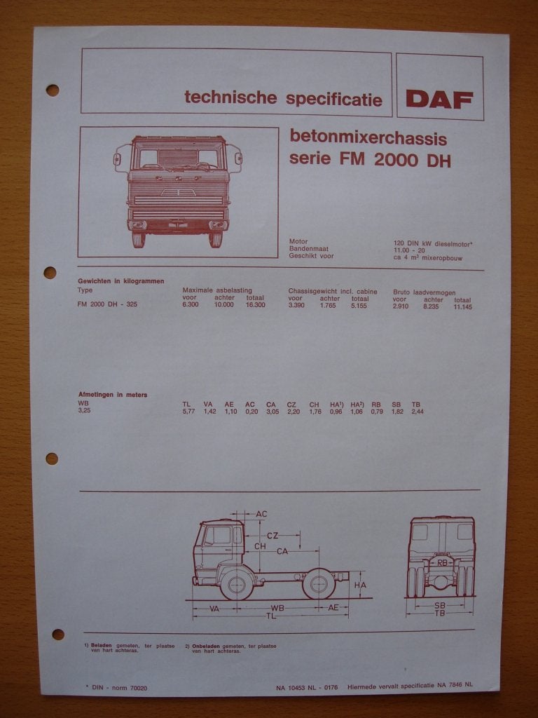 DAF FM 2000 DH Technische Specificatie folder 1976 – 4x2, Ophalen of Verzenden, Zo goed als nieuw, Overige merken, DAF