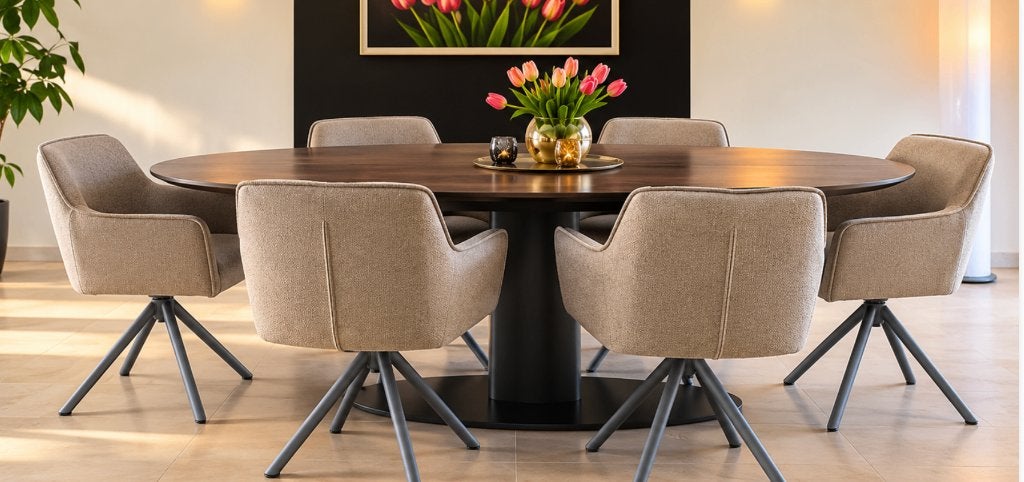 Moderne eetkamerstoelen met draaivoet - Beige stof, Gebruikt, Overige kleuren, Metaal, Vijf, Zes of meer stoelen