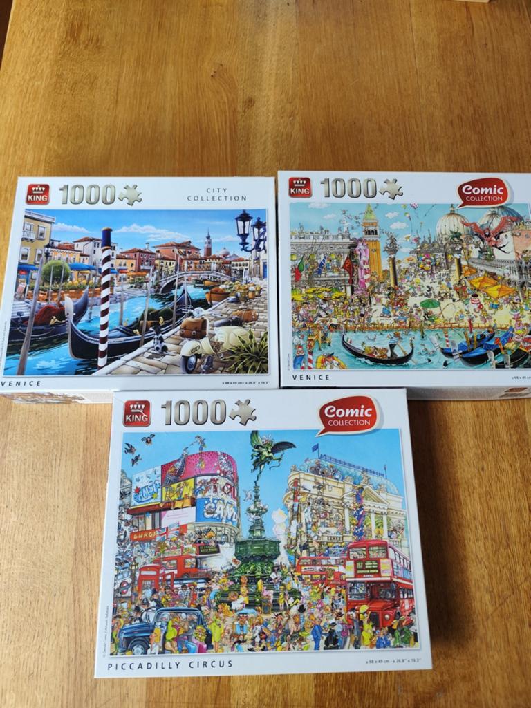 3 King Legpuzzels 1000 stukjes - Venetië & Piccadilly Circus, Ophalen of Verzenden, 500 t/m 1500 stukjes, Zo goed als nieuw, Legpuzzel