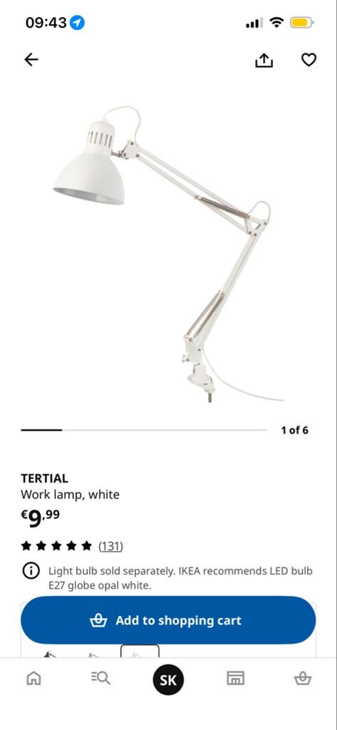IKEA TERTIAL Bureaulamp Wit - Verstelbaar, Huis en Inrichting, Ophalen of Verzenden, Gebruikt