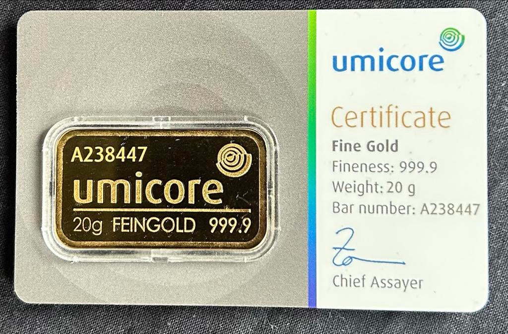 Umicore Goudbaren Collectie: 5g, 10g, 20g, 50g met Certifica, Ophalen of Verzenden, Goud
