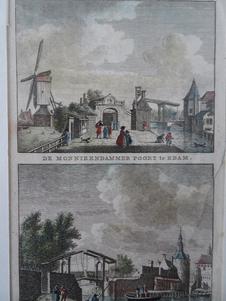 kleurengravure Monnikendammer en Kaai poort Edam, 1790, Ophalen of Verzenden, Gravure, Origineel