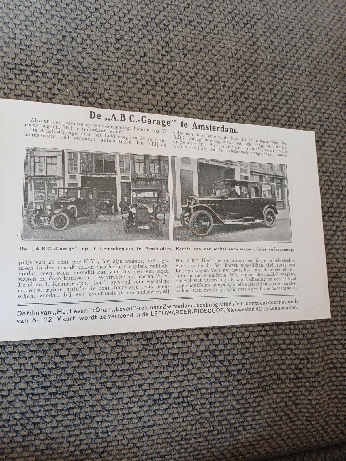 knipsel A.B.C. garage Leidsestraat Amsterdam 1925, Ophalen of Verzenden