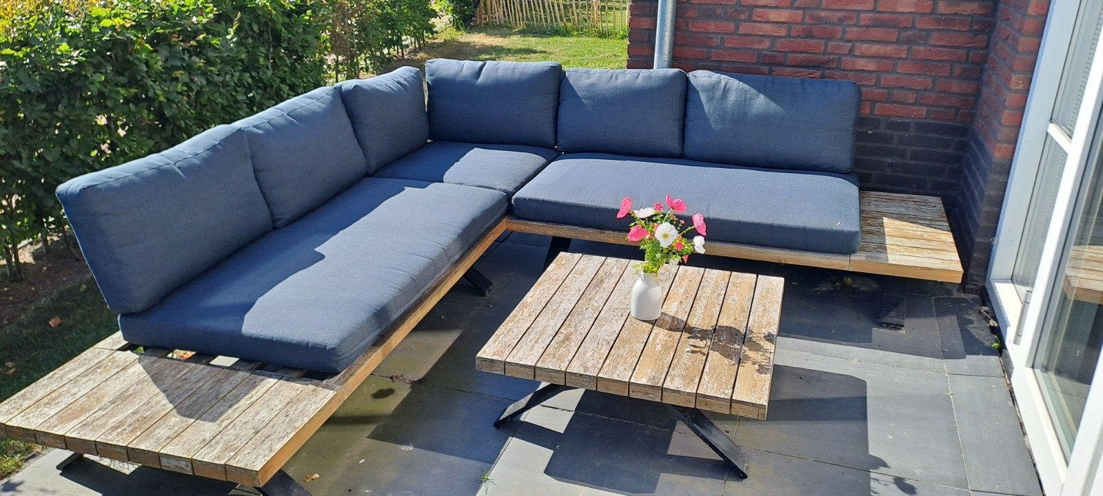 Hardhouten loungeset met grijze kussens en opberghoes, Ophalen, 5 zitplaatsen, Gebruikt, Hardhout