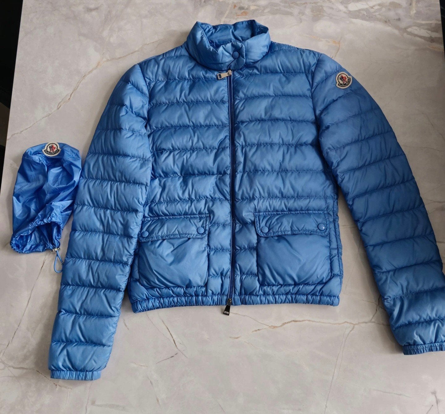 Originele Moncler Longue Saison Damesjas – Maat 0 (XS), Blauw, Moncler, Ophalen of Verzenden, Zo goed als nieuw