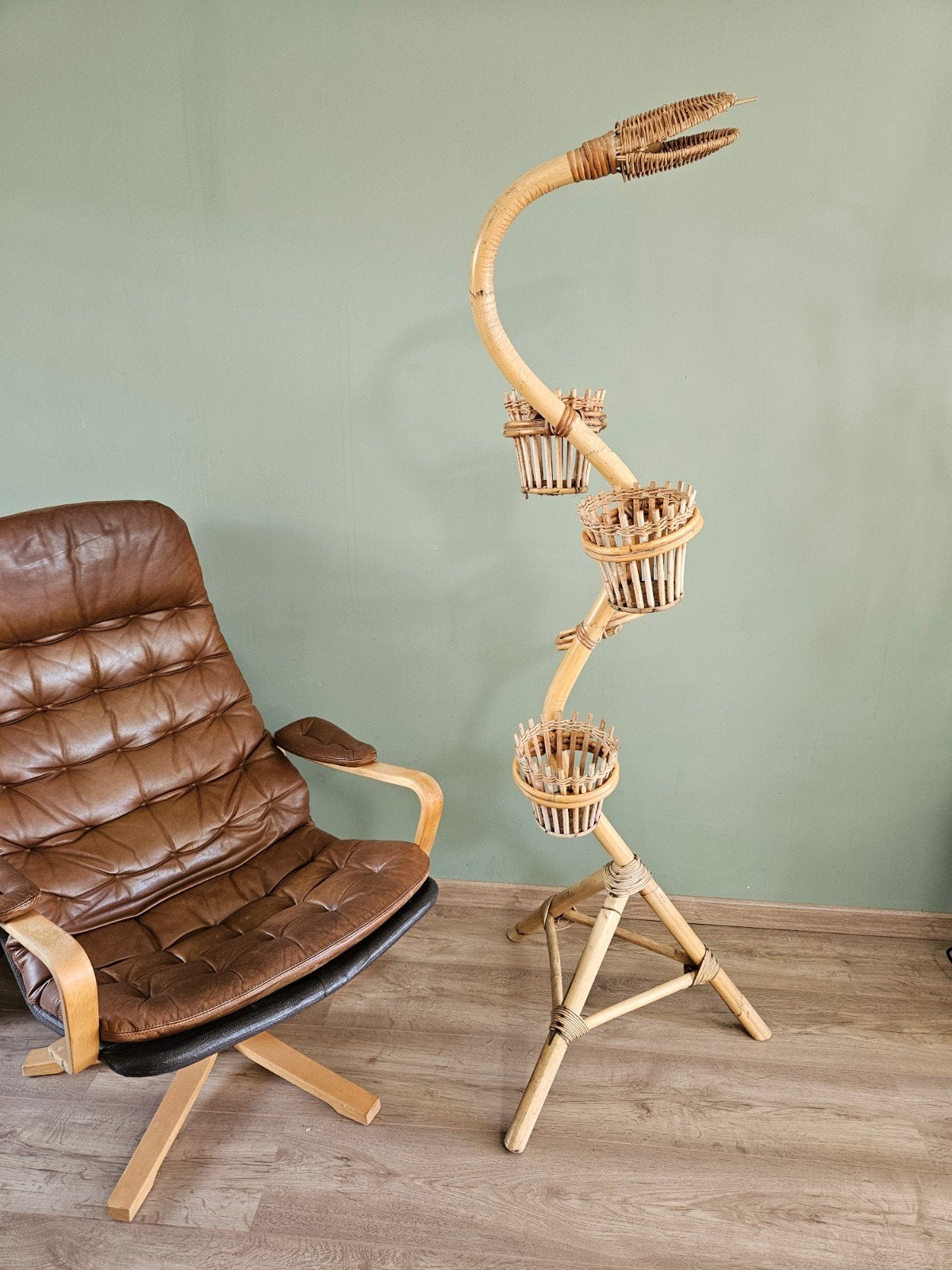 Vintage bamboe plantenstandaard rotan slang jaren 60, Ophalen, Huis en Inrichting