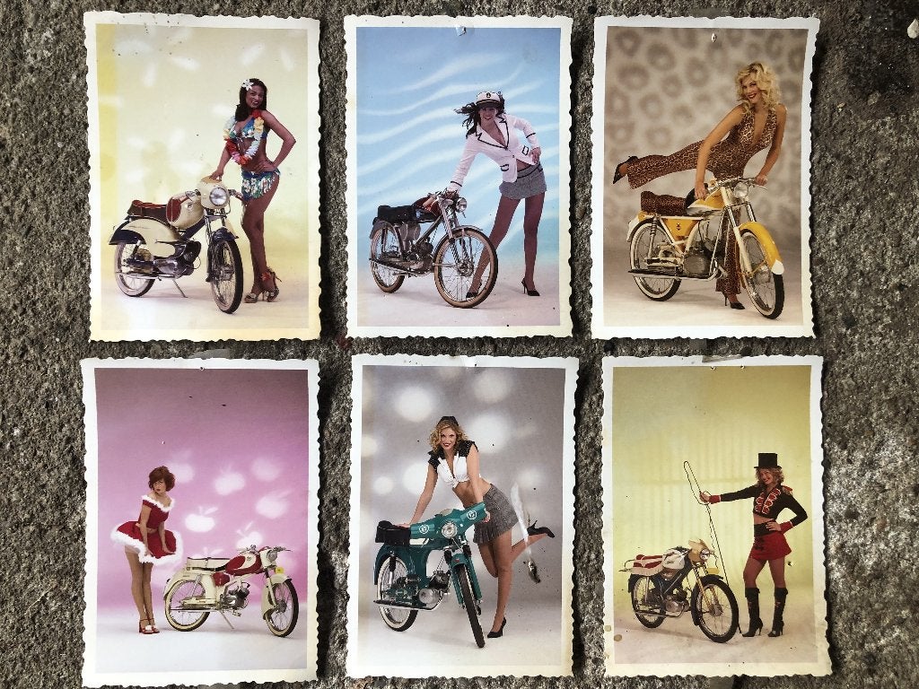 Serie ansichtkaarten pin-up brommers oldtimer 6 stuks 5 €, Ophalen of Verzenden, Gebruikt, Overige typen