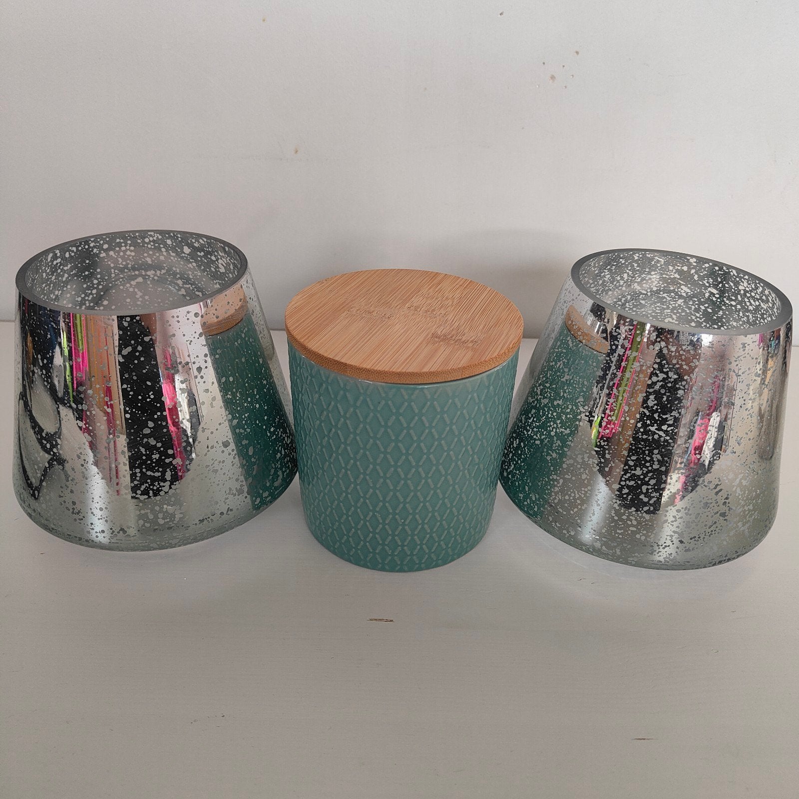 Windlichten en pot - mintgroen en zilver, Ophalen of Verzenden, Gebruikt, Groen, Glas
