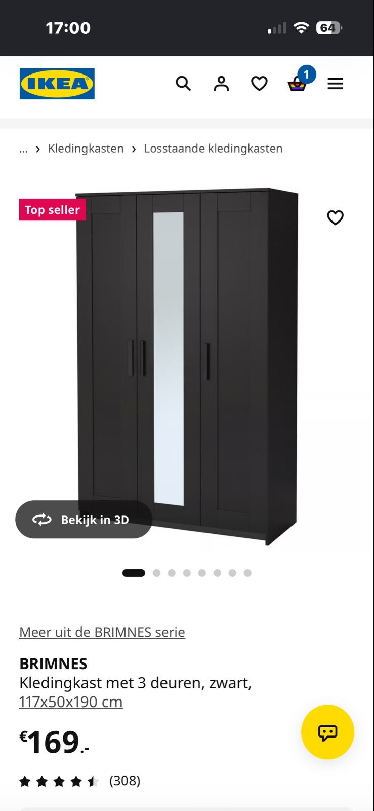 IKEA BRIMNES Kledingkast zwart met 3 deuren en spiegel, Ophalen, Overige materialen, Gebruikt, 100 tot 150 cm