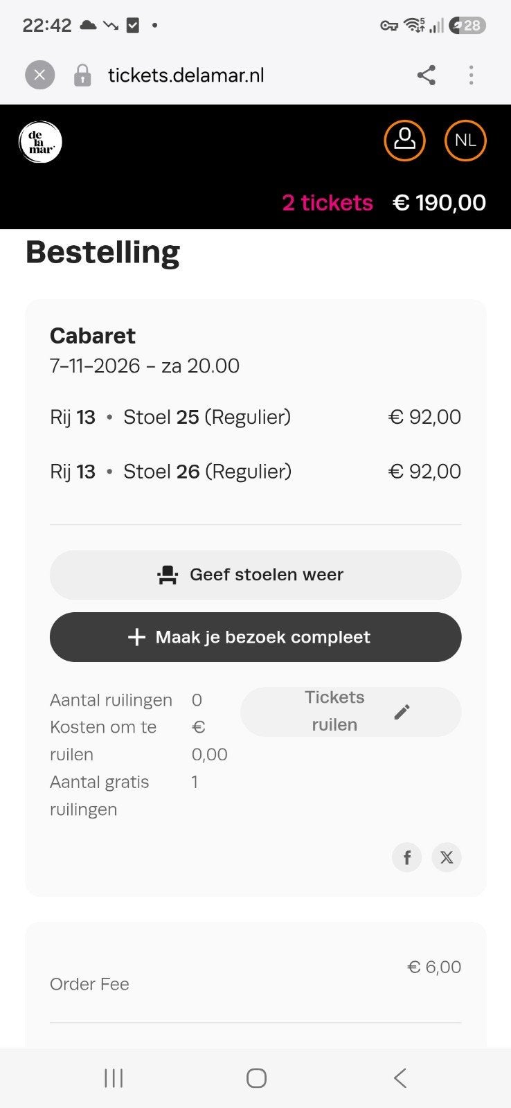 2 kaarten voor Cabaret op 7 november, Twee personen, November