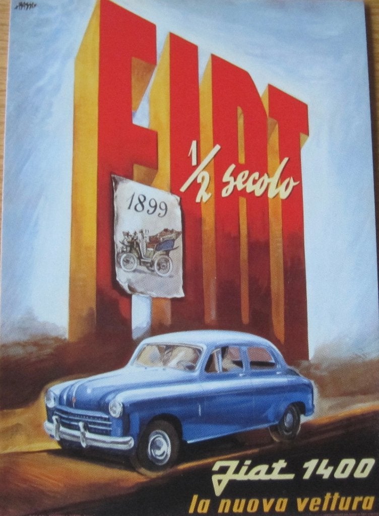 Poster op ansichtkaart - Fiat 1400 uit 1950 - nieuw, Verzenden, 1980 tot heden, Ongelopen, Voertuig