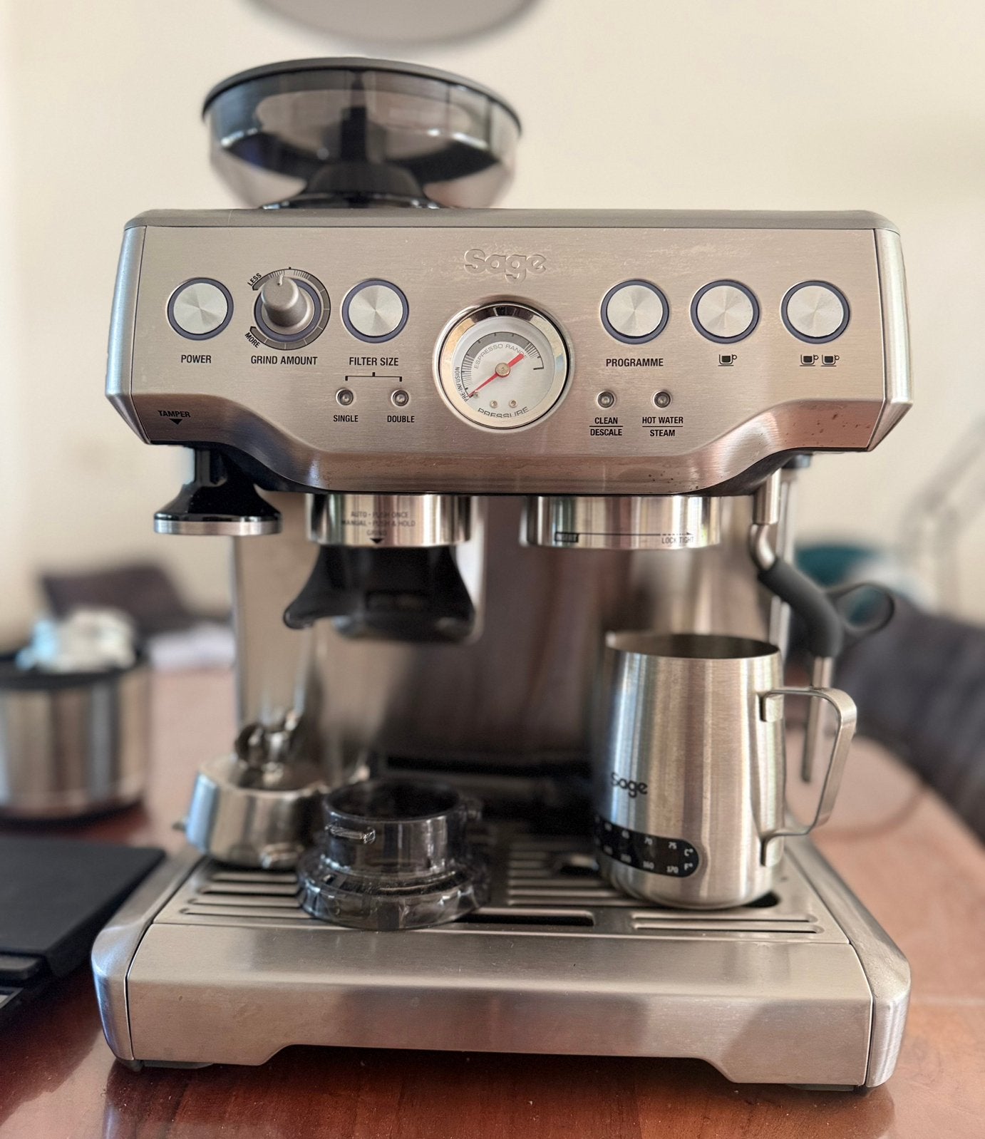 Sage Barista Express Stainless Steel, Ophalen, Koffiemachine, Koffiebonen, Zo goed als nieuw
