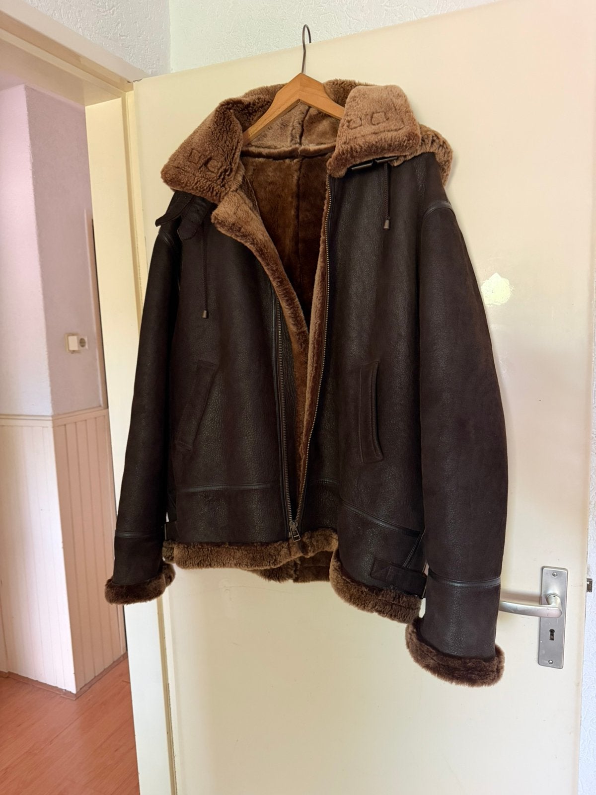 Dikke volledig (teddy)gevoerde leren jas maat 60, Ophalen, Gedragen, Overige maten, Bruin