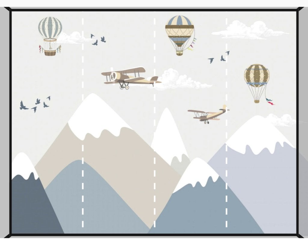 Behang kinderkamer - Bergen met luchtballonen 345x270, Ophalen of Verzenden, Grijs