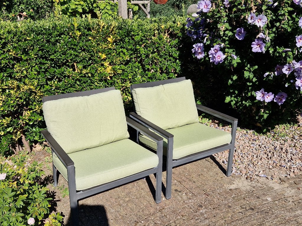 2 Bellagio aluminium/polywood loungestoelen, groene kussens, Tuin en Terras, Ophalen, Gebruikt, Aluminium